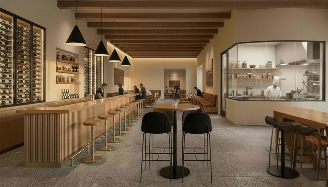 Wine bar interior with a long slatted-oak bar, backlit wine wall, exposed beams, and the chocolate atelier visible beyond