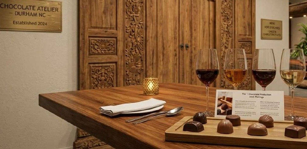 Wine and chocolate tasting flight with three glasses and molded chocolates on a teak board